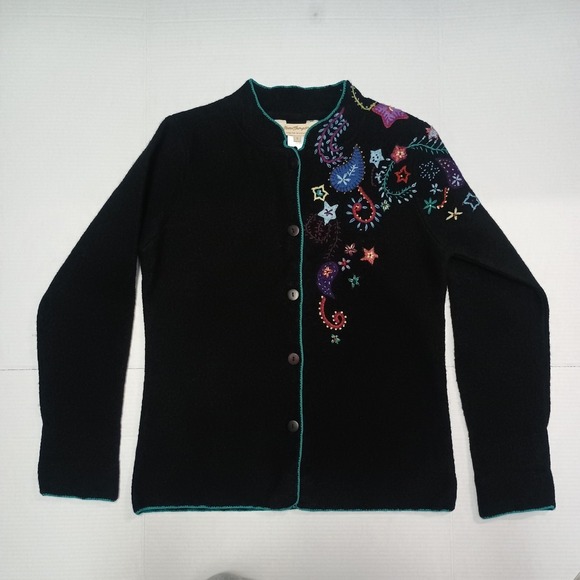 Norm Thompson 100% Wool Black Sweater Cardigan Jacket Embroidery Paisley Small - Picture 5 of 7